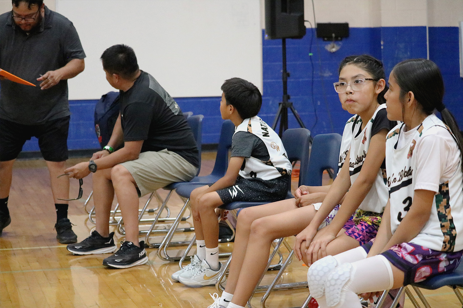 A picture of a basketball players sitting on the bench in Unlocked Potential's flag elite fall youth basketball league