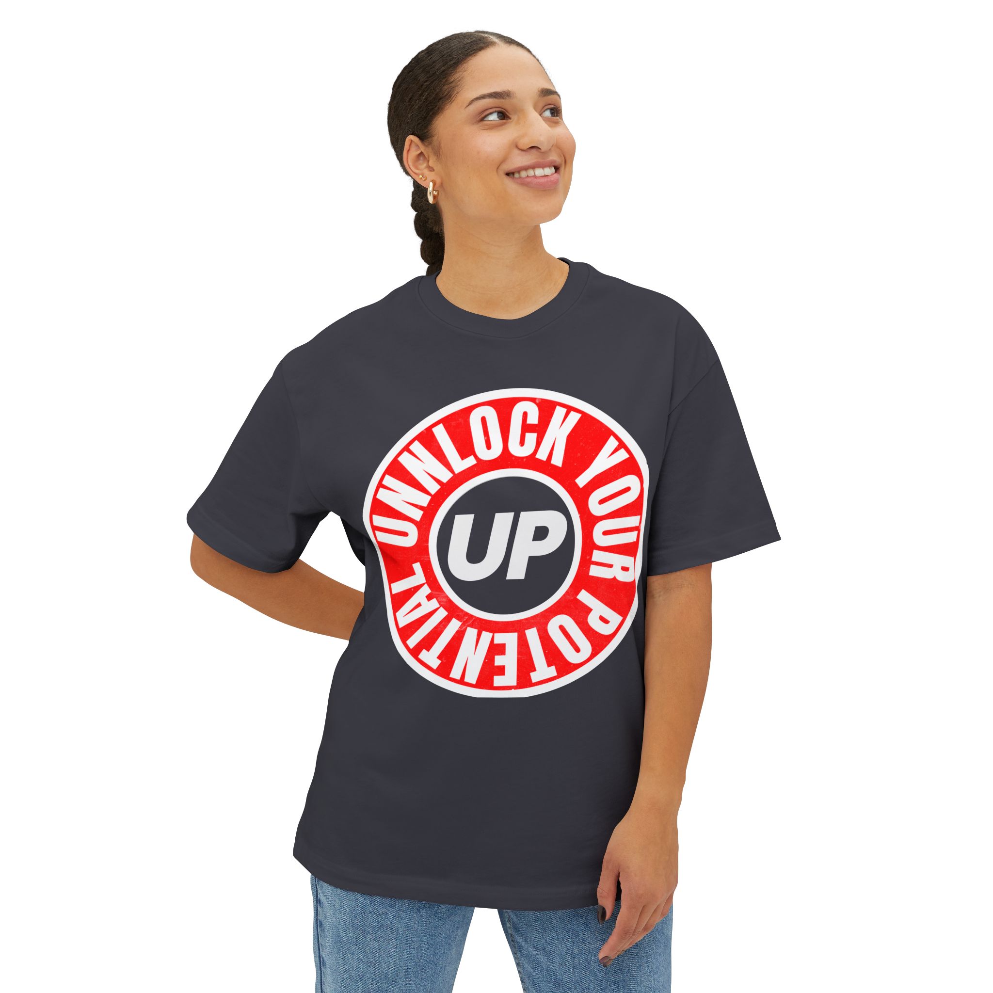 Circle Unlock Your Potential Logo Red With White on a Black T-Shirt