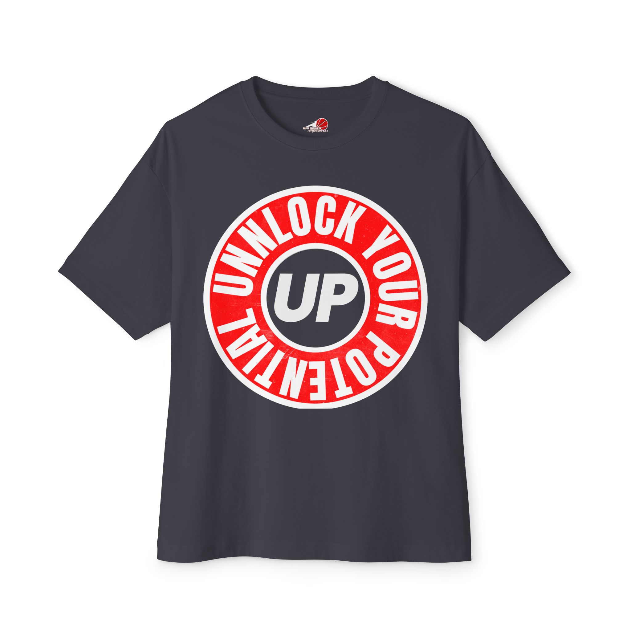 Circle Unlock Your Potential Logo Red With White on a Black T-Shirt