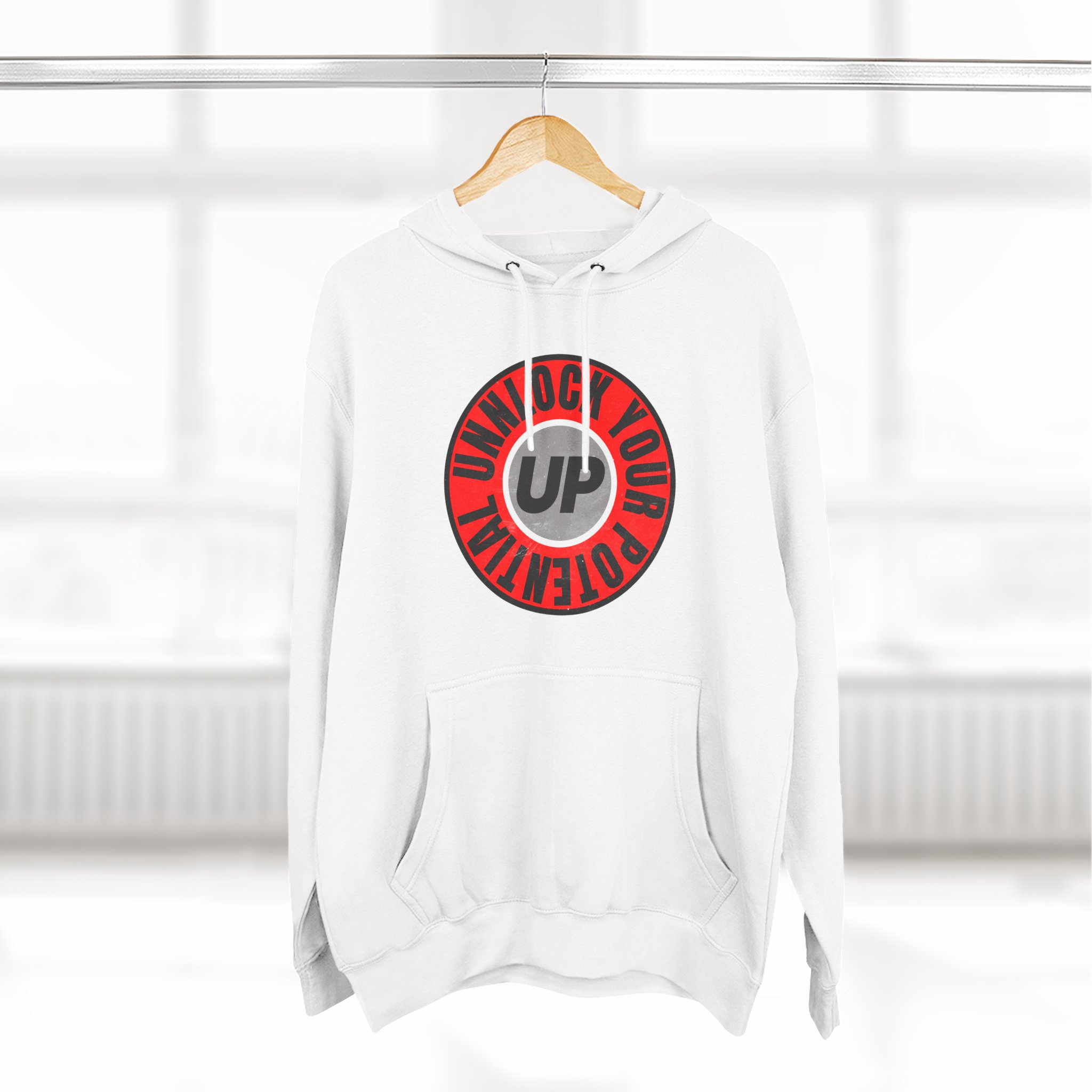 Hoodie Unlocked Potential Red and Black Logo on a White Hoodie