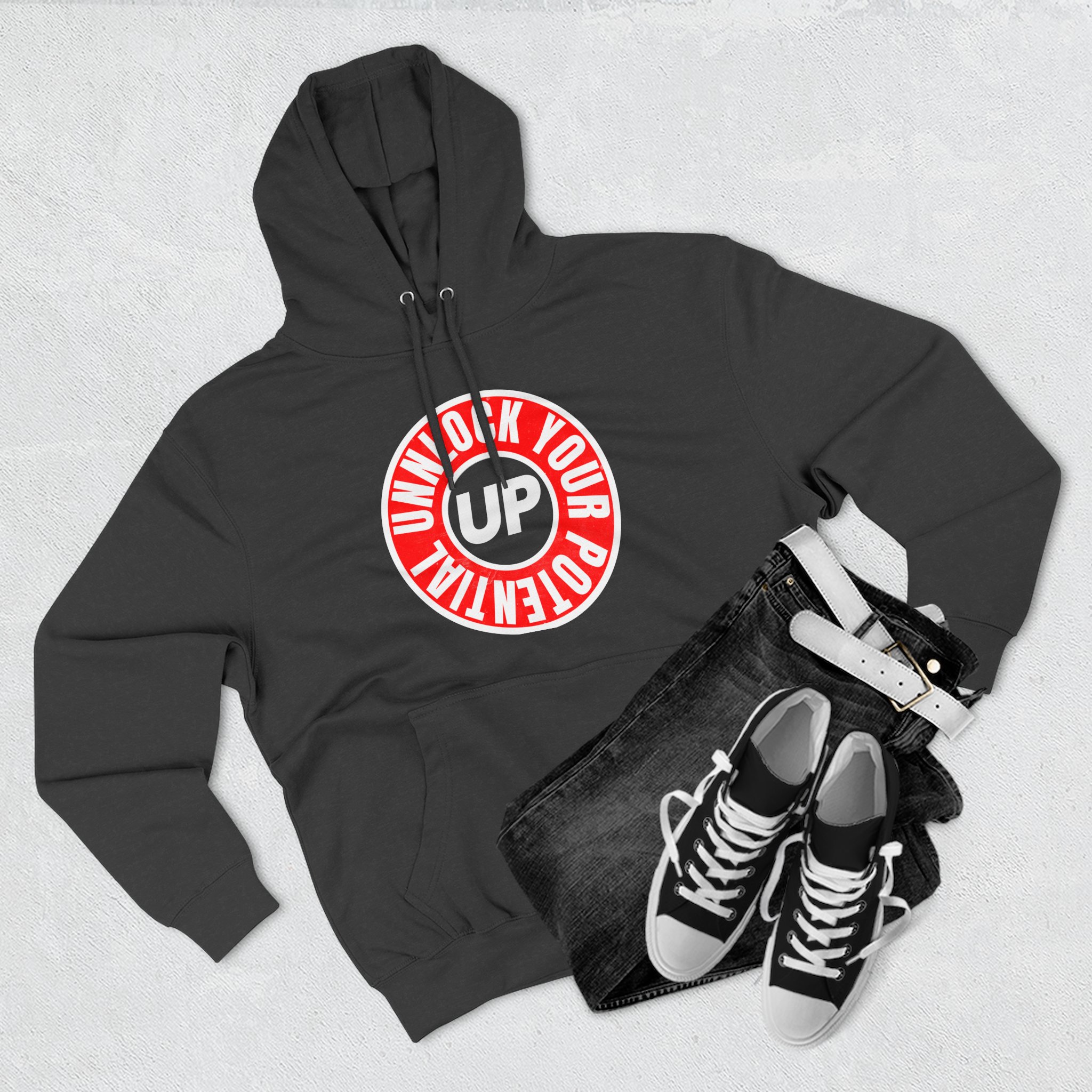 Hoodie Unlocked Potential Red and Black Logo on a White Hoodie