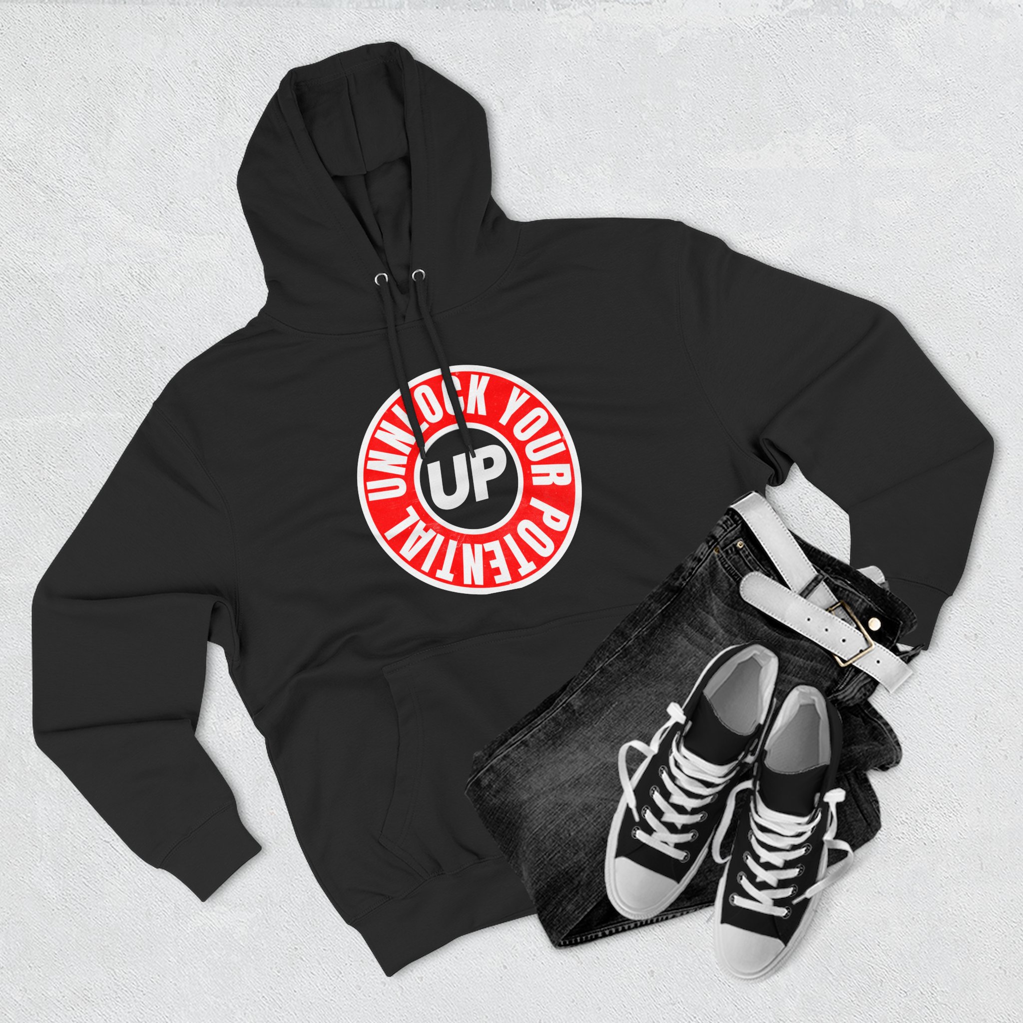 Hoodie Unlocked Potential Red and Black Logo on a White Hoodie