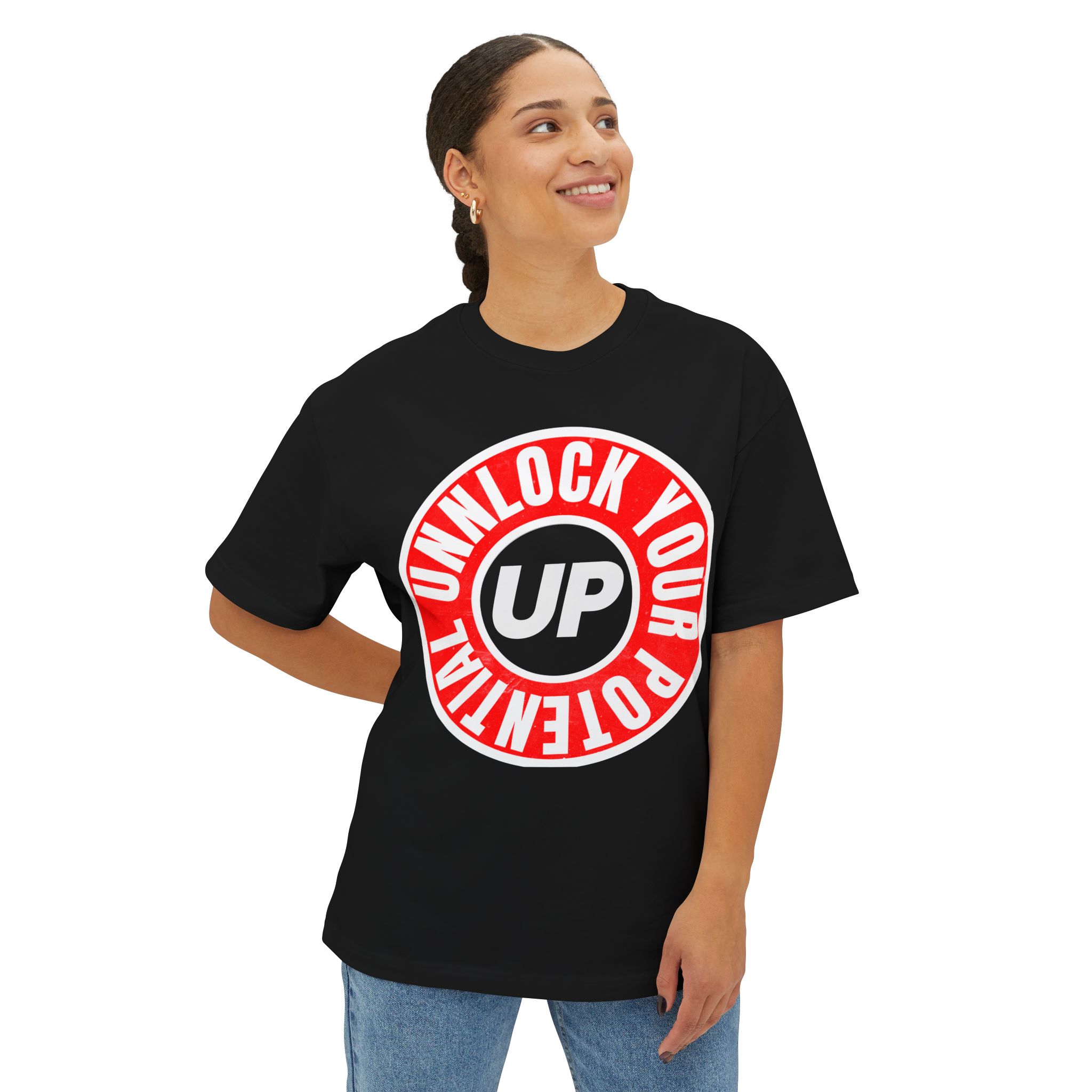 Circle Unlock Your Potential Logo Red With White on a Black T-Shirt