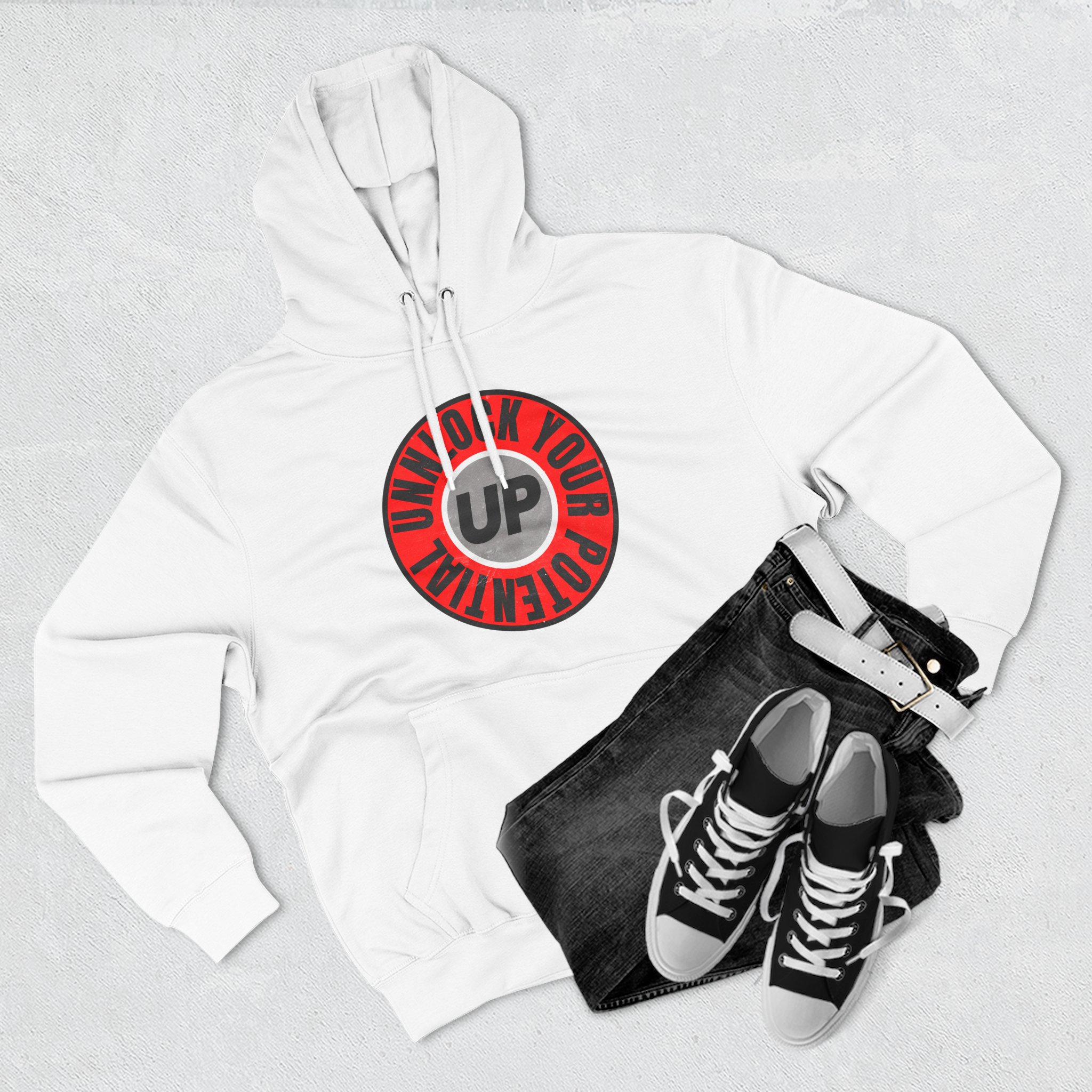 Hoodie Unlocked Potential Red and Black Logo on a White Hoodie