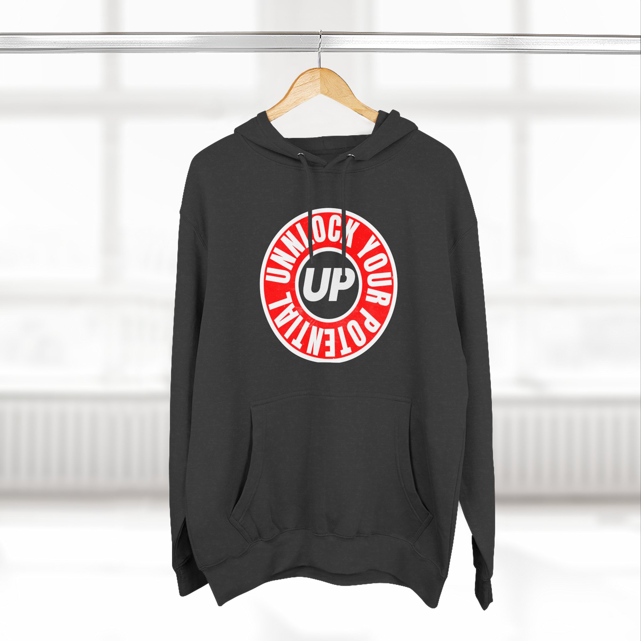 Hoodie Unlocked Potential Red and Black Logo on a White Hoodie