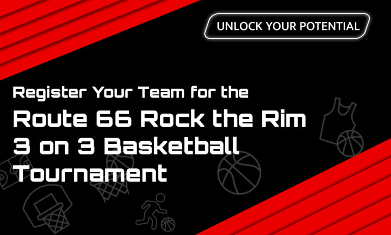 The thumbnail for the blog by Unlocked Potential titled "Register your team for the route 66 rock the rim 3 on 3 basketball tournament"